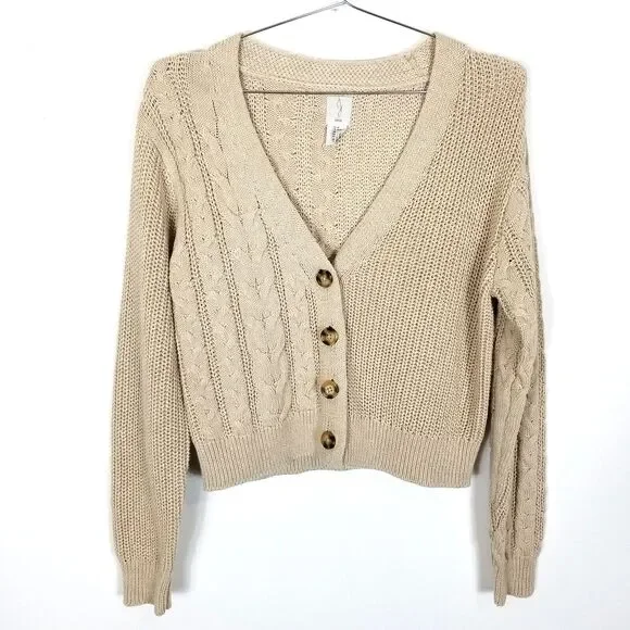 Joie Women Beige Button Down Cable Knit Cardigan Sweater Size M Cotton  Preppy